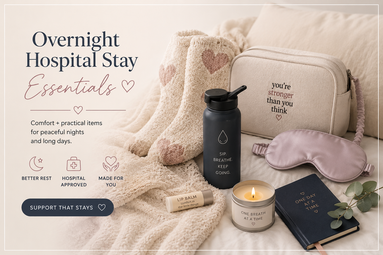 Hospital Stay Essentials:
Comfort + practical items for long days