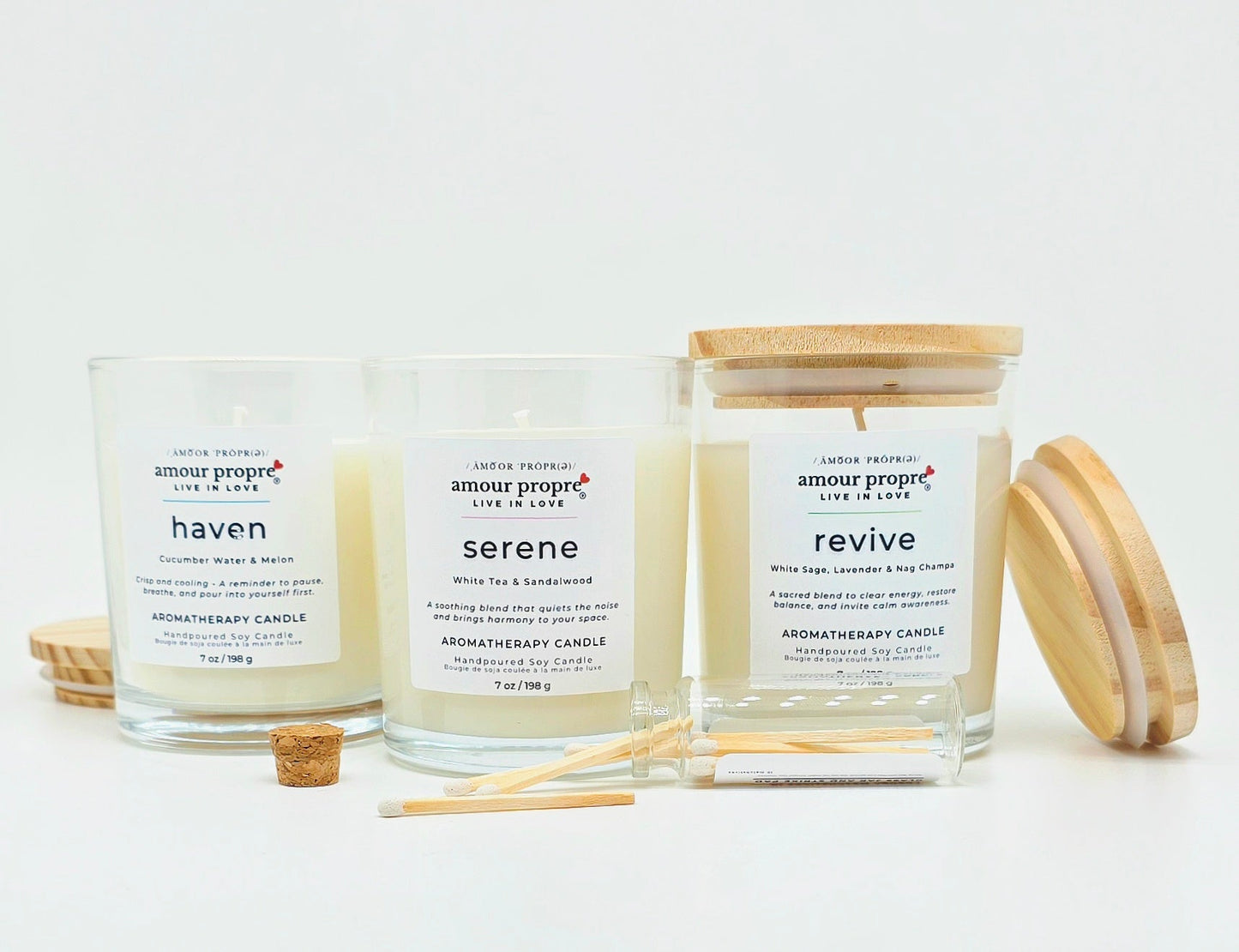 Amour Propre Aromatherapy Collection Trio - Serene, Haven, Revive Soy Candles