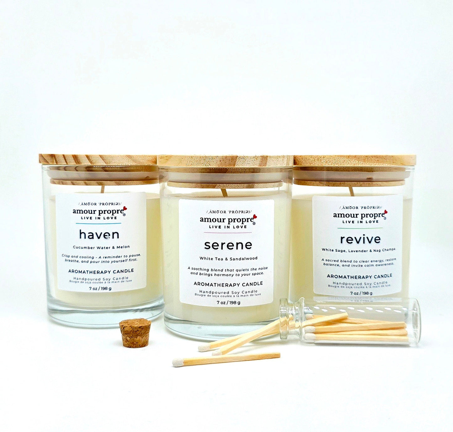 Amour Propre Aromatherapy Collection Trio - Serene, Haven, Revive Soy Candles