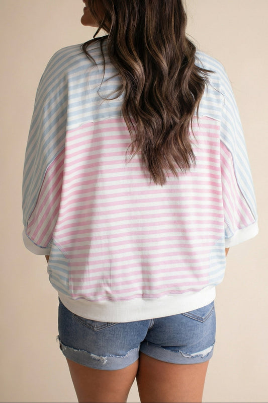 Stripe Oversize Dolman Sleeve Patchwork T-Shirt