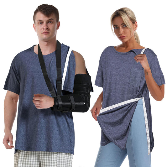 Post Shoulder Surgery Shirts for Women Unisex Snap Tear Away Shirt for Men Short Sleeve Chemo Port Access Adaptive Clothing Navy L