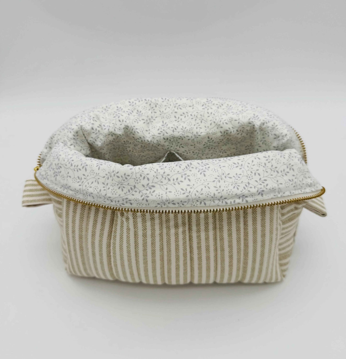 Handmade Makeup Bags - Boxy Toiletry & Makeup Bags in Taupe and Cream Ticking Stripe Pattern